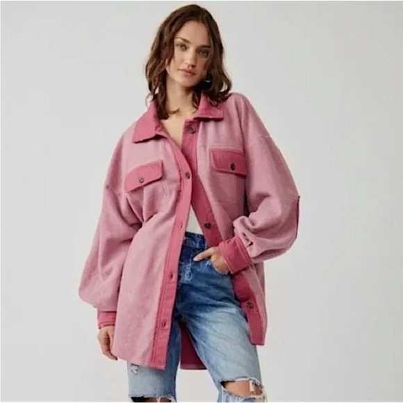 Free People Ruby Jacket Pink Oversized Distressed‎ Elbow Patches Comfy - Picture 1 of 12
